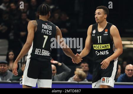 Belgrado, Serbia, 31 gennaio 2023. Dante Exum di Partizan Mozzart Bet Belgrado reagisce durante la partita della Turkish Airlines Eurolega del 2022/2023 tra Partizan Mozzart Bet Belgrado e LDLC Asvel Villeurbanne - 2022/2023 Turkish Airlines Eurolega alla Stark Arena di Belgrado, Serbia. Gennaio 31, 2023. Credito: Nikola Krstic/Alamy Foto Stock