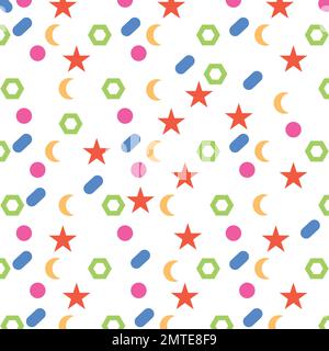 Motivo senza cuciture con piccole stelle arrotondate, punti e tratti su sfondo bianco. Illustrazione Vettoriale