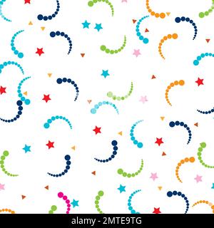 Motivo senza cuciture con piccole stelle arrotondate, punti e tratti su sfondo bianco. Illustrazione Vettoriale