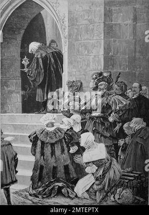 La Riforma Protestante, persone in piedi di fronte alla chiesa di Wittenberg, illustrazione pubblicato nel 1880 Foto Stock