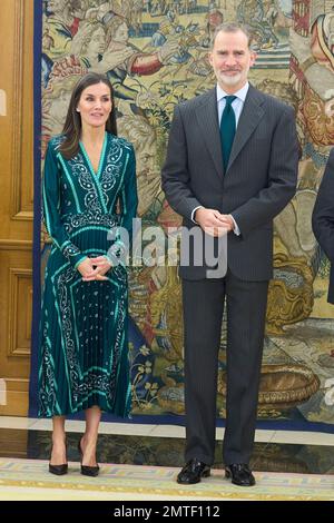 Madrid. Spagna. 20230201, re Felipe VI di Spagna, la regina Letizia di Spagna partecipa ad un'udienza con un rappresentante della Fondazione della Croce Rossa Spagnola a Palazzo Zarzuela il 1 febbraio 2023 a Madrid, Spagna Foto Stock