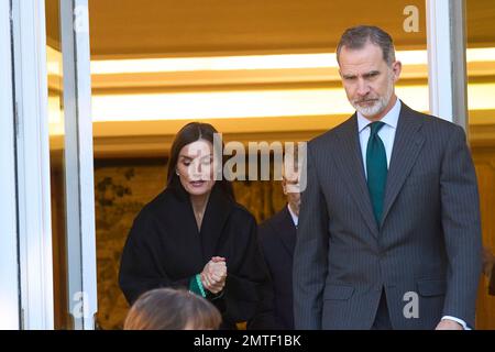 Madrid. Spagna. 20230201, Re Felipe VI di Spagna, Regina Letizia di Spagna partecipa alla sessione plenaria della Commissione Nazionale per la commemorazione del bicentenario della polizia Nazionale. Al Palazzo Zarzuela il 1 febbraio 2023 a Madrid, Spagna Foto Stock