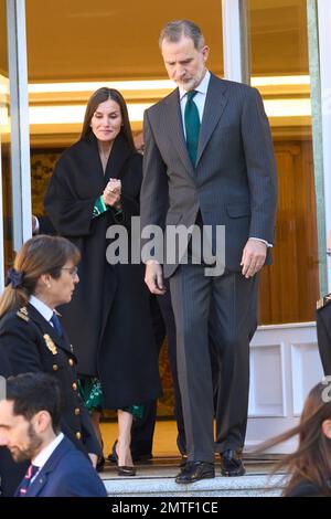 Madrid. Spagna. 20230201, Re Felipe VI di Spagna, Regina Letizia di Spagna partecipa alla sessione plenaria della Commissione Nazionale per la commemorazione del bicentenario della polizia Nazionale. Al Palazzo Zarzuela il 1 febbraio 2023 a Madrid, Spagna Foto Stock