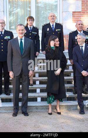 Madrid. Spagna. 20230201, Re Felipe VI di Spagna, Regina Letizia di Spagna partecipa alla sessione plenaria della Commissione Nazionale per la commemorazione del bicentenario della polizia Nazionale. Al Palazzo Zarzuela il 1 febbraio 2023 a Madrid, Spagna Foto Stock