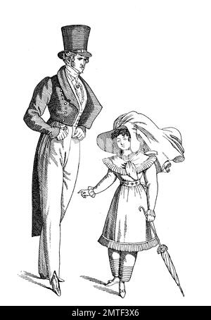 L'uomo und girl, 1821, Francia, Mann con Nankinghose, Tagestracht, Storia della moda, costume storia Foto Stock