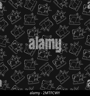 Le macchine da cucire tagliano il modello senza cuciture. Sfondo vettoriale. Colori bianco e nero. Ripetere l'illustrazione. Contorno attrezzatura da cucire. Illustrazione Vettoriale