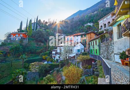 Gli alberi in fiore nel giardino primaverile sul versante montano di Ronco sopra Ascona al tramonto, Ticino, Svizzera Foto Stock
