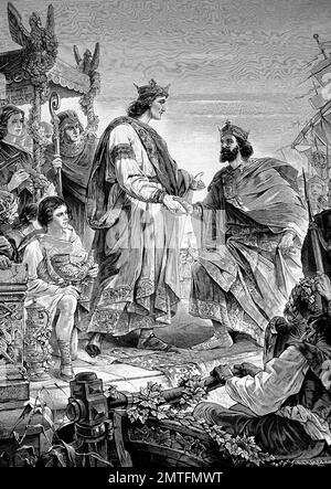 Enrico il Fowler, Heinrich der Finkler o Heinrich der Vogler, 876 - luglio 2. 936. incontra Carlo III 17 Settembre 879 - 7 ottobre 929, chiamato il semplice o il Straightforwar era il re della parte ovest della Francia da 898 fino a 922 e il re di Lotharingia, illustrazione storico Foto Stock