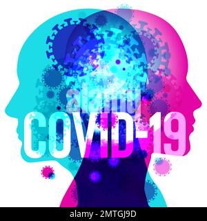 2 silhouette a figura posteriore sovrapposte con varie forme in coronavirus semitrasparente sovrapposte. La parola "COVID-19" è posizionata centralmente. Foto Stock