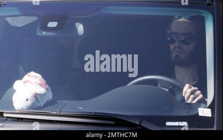 Mentre si è in movimento a West Hollywood, il comico Russell Brand parte nella sua nuova Range Rover con un soffice coniglietto imbottito che lo tiene compagnia sul cruscotto del veicolo. Marca, che si è spaccato dalla moglie cantante Katy Perry dopo 14 mesi di matrimonio, non indossava il suo anello di nozze come chiaramente visto in queste foto. È stato recentemente annunciato che Russell, 36 anni, è stato proiettato in un nuovo film horror comico che sarà diretto dal franchise 'Transformers', Michael Bay. Ad oggi, Brand è l'unica star attualmente proiettata nel nuovo film. Sarà poi visto in "Rock of Ages" insieme a Tom Cruise Foto Stock