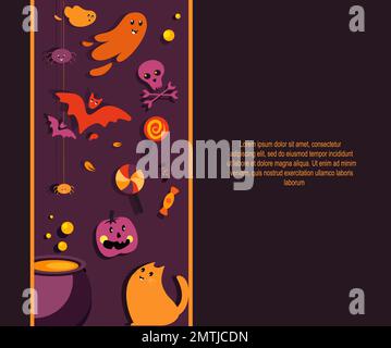 Happy Halloween Banner Party Invitation.Bright saluto Card.Funny Cat, zucca, fantasmi, pipistrelli, cranio, bollente Pot Cauldron.Text calligraphy.Hal scritto a mano Foto Stock