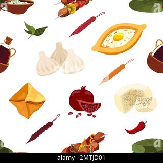 Cucina Georgiana Menu senza cuciture Pattern.Asian tradizionale cibo infinito sfondo.piatti diversi tessile Stampa.Adjarian khachapuri,khinkali,shashlik, Foto Stock