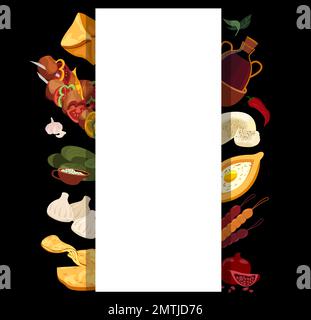 Cucina georgiana Banner Menu.Asian tradizionale Food Leaflet.Different piatti Broadsheet Poster.Adjarian khachapuri,khinkali,shashlik,dolma,dishs.Flat Foto Stock