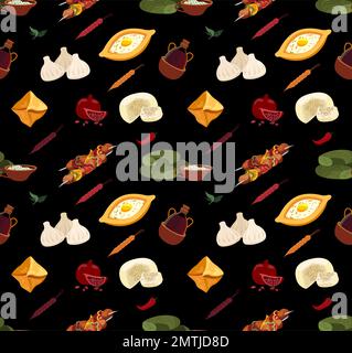 Cucina Georgiana Menu senza cuciture Pattern.Asian tradizionale cibo infinito sfondo.piatti diversi tessile Stampa.Adjarian khachapuri,khinkali,shashlik, Foto Stock