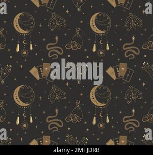 Collezione Magic Symbols Set Seamless Pattern.Esoteric,misterioso boho elementi mistici,magia witchcraft cristalli,luna,tarocchi carte,rune vettore illus Foto Stock