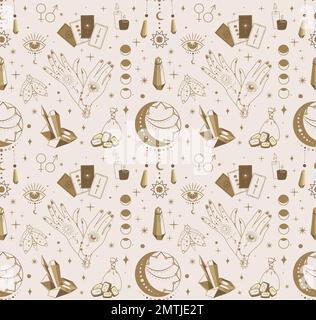 Collezione Magic Symbols Set Seamless Pattern.Esoteric,misterioso boho elementi mistici,magia witchcraft cristalli,luna,tarocchi carte,rune vettore illus Foto Stock