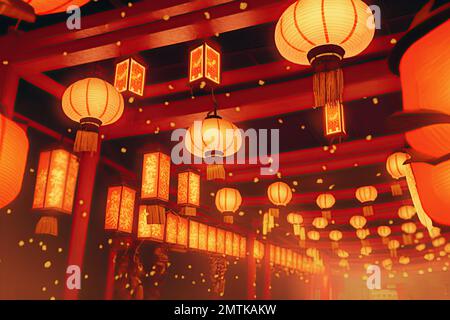 Lanterne cinesi appese al soffitto di un tempio cinese con luci accese di  notte. Bambù e riso Lanterna di carta Festival per il nuovo cinese Foto  stock - Alamy