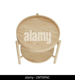 3D tavolo laterale in legno circolare con tre gambe in legno su sfondo bianco, arredi in legno su sfondo isolato Foto Stock