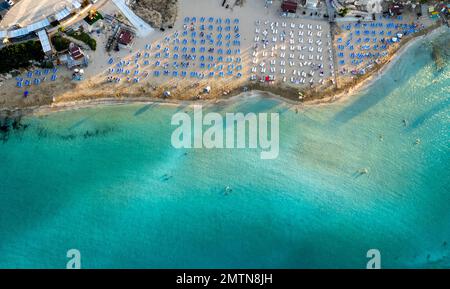 Ombrelloni in fila presso la spiaggia di fichi baie Protaras Cipro. Vacanze estive resort vacanze sabbia dorata Foto Stock