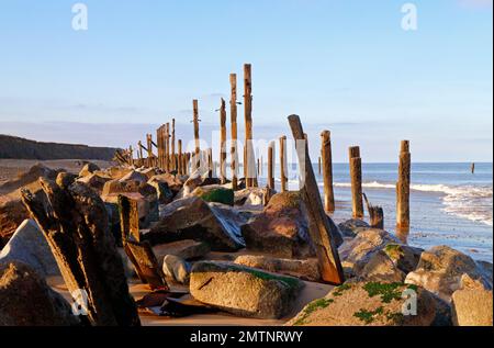 Vecchie frangiflutti di legno deterioranti rinforzati con rocce importate nel tentativo di proteggere la costa a Happisburg, Norfolk, Inghilterra, Regno Unito. Foto Stock