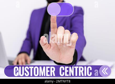 Segno che mostra il Customer Centric. Parola per processo di cura dei clienti per garantire il loro piacere Foto Stock