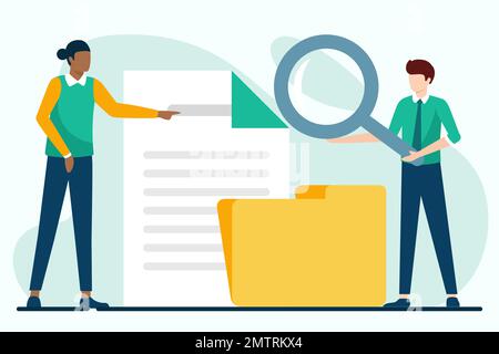 Uomo e donna che tengono la lente d'ingrandimento sopra i documenti. Illustrazione vettoriale in stile piatto Illustrazione Vettoriale