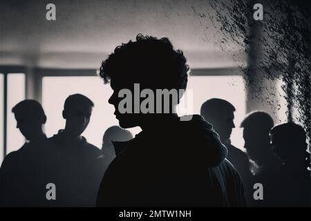 problema sociale degli scolari e del bullismo giovanile. Solitudine e distacco, depressione. Illustrazione 3D di alta qualità Foto Stock