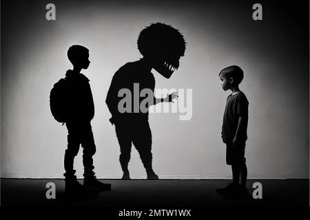 problema sociale degli scolari e del bullismo giovanile. Solitudine e distacco, depressione. Illustrazione 3D di alta qualità Foto Stock