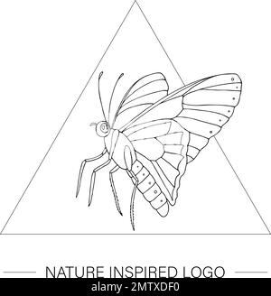 Farfalla tropicale disegnata a mano da vettore in un triangolo. Logo a tema di insetti per il design naturale. Contorno di falena isolato su sfondo bianco Illustrazione Vettoriale