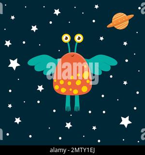 Vettore divertente alieno con ufo nello spazio e stelle. Simpatica illustrazione cosmica per bambini su sfondo blu Illustrazione Vettoriale