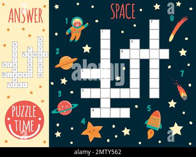 Parola incrociata spazio vettore. Quiz luminoso e colorato per i bambini. Attività puzzle con ufo, pianeta, stella, astronauta, cometa, razzo, asteroide Illustrazione Vettoriale