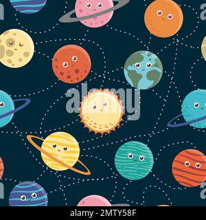 Modello vettoriale senza giunture di pianeti per bambini. Brillante e carino illustrazione piatta di terra sorridente, sole, luna, venere, Marte, Giove, mercurio, Saturno, Illustrazione Vettoriale