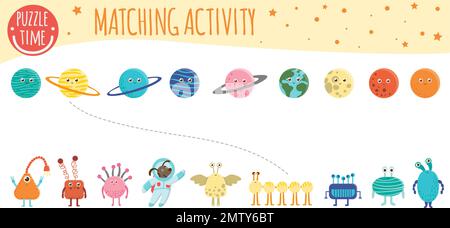 Attività di abbinamento per bambini con pianeti, alieni e astronauti. Argomento spazio. Simpatici simpatici personaggi sorridenti. Illustrazione Vettoriale