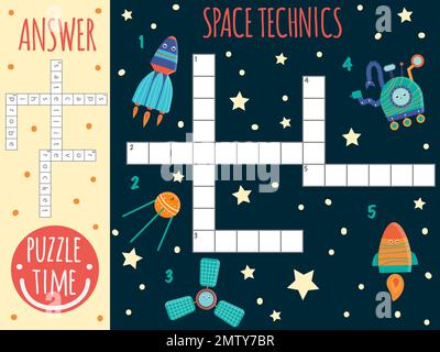 Parola incrociata spazio vettore. Quiz luminoso e colorato per i bambini. Attività di puzzle con tecniche spaziali, satellite, astronave, sonda, rover, razzo Illustrazione Vettoriale