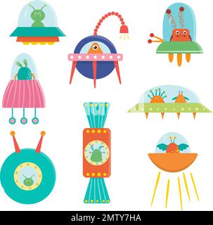 Set vettoriale di simpatici alieni, ufo, piattino volante per bambini. Luminosa e divertente illustrazione piatta di sorridenti creature extraterrestri seduti nello spazio Illustrazione Vettoriale