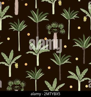 Motivo vettoriale senza cuciture di palme e banani con coriandoli dorati su sfondo nero. Estate o primavera ripetizione sfondo tropicale vintage. Esotico j Illustrazione Vettoriale