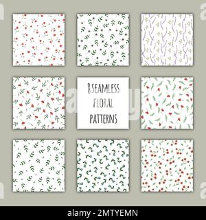 Set vettoriale di motivi senza giunture con fiori e foglie. Primavera o estate sfondo ripetizione. Grande collezione di ornamenti floreali. Illustrazione Vettoriale