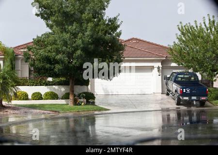 Viste esterne del leggendario attore Tony Curtis' Henderson, Nevada, dove è morto da un arresto cardiaco il 29th settembre. Alcuni vasi e fiori sono stati collocati sul prato anteriore della modesta casa suburbana. Curtis, padre dell'attrice hollywoodiana Jamie Lee Curtis, ha recitato nei film classici di Hollywood 'Some Like IT Hot' e 'Spartacus', ma tragicamente è caduto nell'oscurità dopo aver sofferto di alcolismo e tossicodipendenza. La famiglia di Curtis terrà il suo funerale il 4th ottobre presso il Palm Memorial Park Cemetery di Green Valley, Nevada. Henderson, Nevada. 10/02/10. . Foto Stock