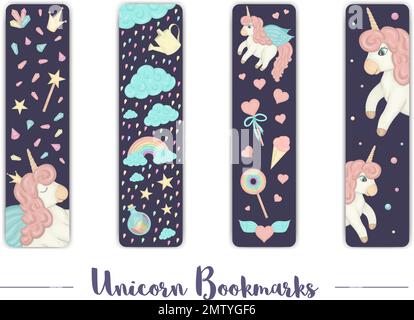 Set vettoriale di segnalibri per bambini con tema unicorno. Carino arcobaleno, nuvole, cristalli, cuori su sfondo viola scuro. Modello scheda layout verticale Illustrazione Vettoriale