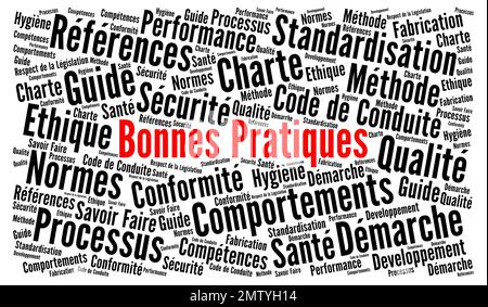 La parola nube di pratica migliore chiamata bonnes Pratiques in lingua francese Foto Stock