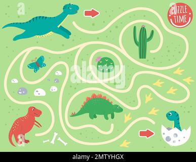 Labirinto per bambini. Attività prescolare con dinosauro. Gioco di puzzle con diplodocus, T-rex, baby dino. Simpatici simpatici personaggi sorridenti. Illustrazione Vettoriale