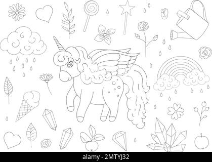 Set vettoriale di simpatici unicorni, arcobaleno, nuvole, cristalli, cuori, contorni di fiori. Illustrazione dolce della cintura. Disegno a linee di un giardino magico da favola. Illustrazione Vettoriale