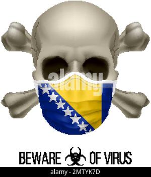 Cranio umano con ossa incrociate e maschera chirurgica nel colore della Bandiera Nazionale Bosnia-Erzegovina. Maschera in forma di bandiera e cranio come concetto di D Illustrazione Vettoriale