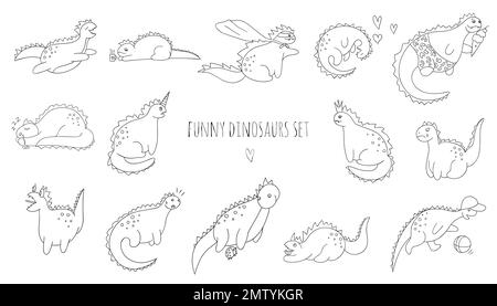 Set vettoriale di divertenti dinosauri bianchi e neri in diverse pose. Concetto di dinosauro comico in stile cartoon. Disegno a righe di rettili sarcastici Illustrazione Vettoriale