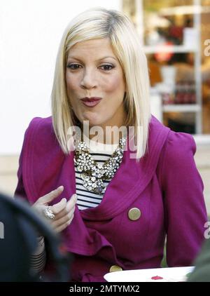 Tori Spelling e il co-ospite Jeff Lewis intervistano gli acquirenti al centro commerciale Grove e persino provano alcuni biscotti di festa mentre si assettono per il loro nuovo talk show. I due hanno girato l'episodio pilota dello spettacolo, che è impostato per essere una versione talk-show del sitcom hit 'Will & Grace,' all'inizio di questo mese ed è destinato ad aria su ABC. Los Angeles, California. 11/29/10. Foto Stock