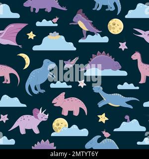 Modello vettoriale senza cuciture con graziosi dinosauri sul cielo notturno con nuvole, luna, stelle, uccelli per bambini. Sfondo dei personaggi del cartone animato piano Dino. Carino p Illustrazione Vettoriale