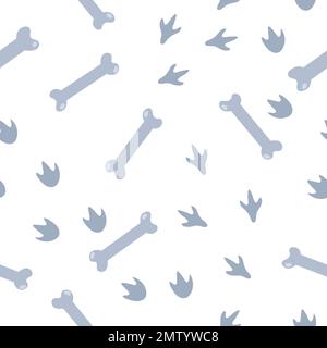 Modello di dinosauro vettoriale senza giunture per bambini. Dino cartoni animati piani con ossa e impronte. Illustrazione carina dei rettili preistorici. Illustrazione Vettoriale