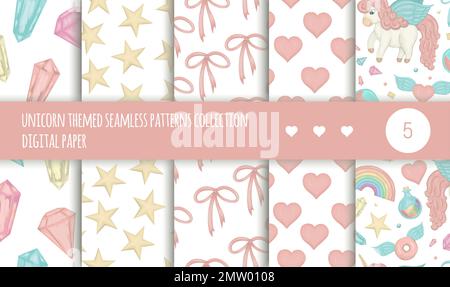 Set vettoriale di motivi senza cuciture con cristalli colorati magici, stelle, archi, cuori, unicorni, arcobaleno isolato su sfondo bianco. Acquco carino magico Illustrazione Vettoriale