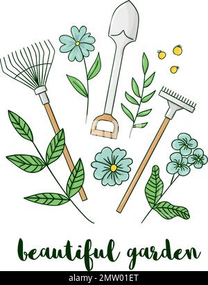 Illustrazione vettoriale di attrezzature da giardino colorate con fiori. Icona della pala, dei rastrelli, delle Spade. Cartone animato stile primavera o estate foto isolato su bianco bac Illustrazione Vettoriale