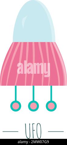 Illustrazione Vector UFO per bambini. Brillante e carino immagine piatta di disco volante isolato su sfondo bianco. Concetto di spazio. Illustrazione Vettoriale